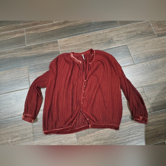 Free People Tops - Free People Bohemian Peasant Sheer Pleated Velvet Trim Blouse Top Sz L
